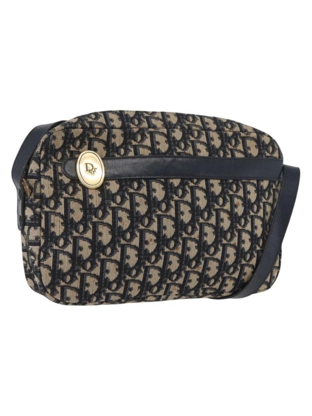 Authentic Christian Dior Trotter Canvas Shoulder Bag Navy Gold